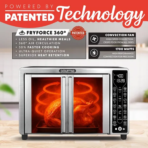 Miniatura 3 de Gourmia Freidora de aire para puerta francesa: horno de convección de gran capacidad de 25 cuartos de galón, fryfroce 360°, pantalla digital con 17