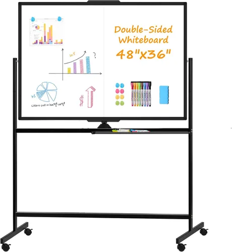 WALGLASS Pizarra blanca rodante de borrado en seco, 48 x 36 pulgadas, pizarra blanca de doble cara sobre ruedas, pizarra blanca portátil grande con