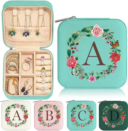 Parima Joyero de viaje Organizador de joyas con iniciales pequeñas Joyero de viaje azul para mujeres y niñas Organizador de aretes Idea de