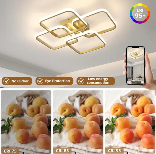 Miniatura 3 de CANEOE Lámpara de techo LED dorada moderna de 4 cuadrados, regulable, control remoto, montaje empotrado cuadrado, iluminación