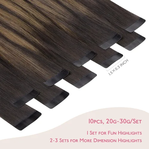 Miniatura 2 de Wennalife - Extensiones de cabello humano real adhesivas, balayage marrón oscuro mezclado con castaño, 10 piezas, 0.70 oz (20 g), 10 pulgadas
