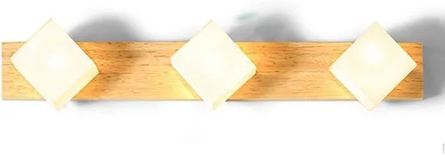 Miniatura 4 de Espejo de madera con cabeza giratoria frontal, aplique de pared con base de madera, cubo de vidrio blanco, pantalla de baño, lámpara de pared