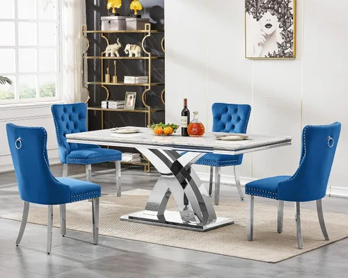 Miniatura 24 de Juego de mesa de comedor de 5 piezas para 4, mesa de cocina de mármol negro de 68 pulgadas con 4 sillas beige, mesa de comedor rectangular moderna