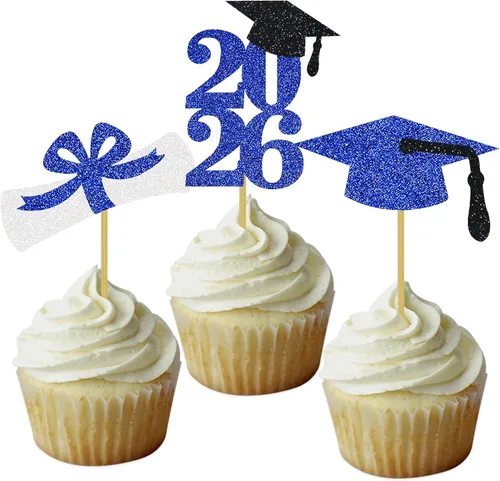 Decoración para cupcakes de graduación, decoración de fiesta de graduación, selecciones de alimentos, felicitaciones, tapa de diploma con purpurina,