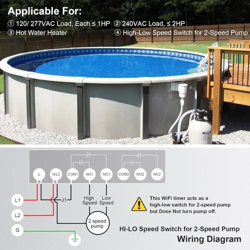 Miniatura 6 de Suraielec Temporizador de piscina, temporizador inteligente WiFi para bomba de piscina, 120, 240, 277 VAC, 40 amperios, carcasa de metal resistente