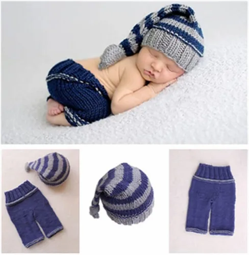 Miniatura 14 de Accesorios para sesión de fotos de bebé recién nacido, sombrero de punto de ganchillo, disfraz, sombrero de rayas, pantalones, mono, accesorios