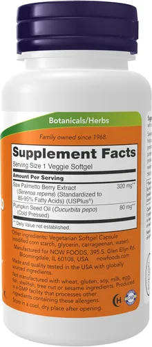 Miniatura 2 de NOW Suplementos, extracto de palma enana americana de 320 mg con aceite de semilla de calabaza, salud masculina*, 90 cápsulas blandas vegetales