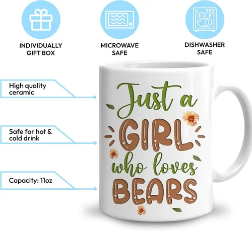 Miniatura 3 de Hyturtle Regalos Personalizados Amante de Osos - Taza de Café de Cerámica Just A Girl Who Loves Bears con Nombre Personalizado 11oz - Idea de Regalo