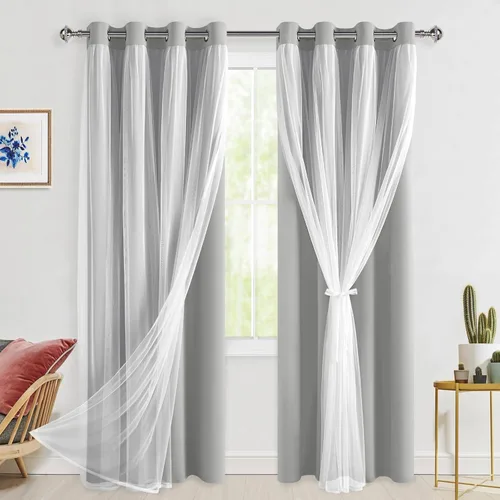 Miniatura 15 de Hiasan Cortinas opacas con superposición transparente, aislamiento térmico para mezclar y combinar de doble capa, cortinas de oscurecimiento de Beige