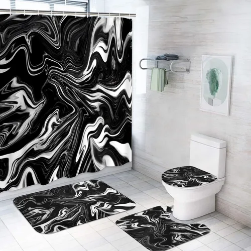 ArtSocket Juego de cortina de ducha en blanco y negro con alfombras, juego de baño de mármol con alfombra antideslizante, cubierta para tapa de