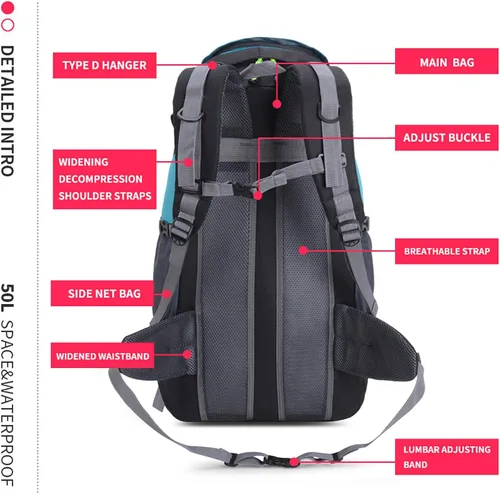 Miniatura 9 de Bseash Mochila de senderismo de 50 L, resistente al agua, ligera, mochila deportiva para exteriores, bolsa de viaje para camping, escalada, esquí