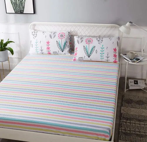Miniatura 3 de Sábana ajustada 100% algodón suave tamaño queen de bolsillo profundo con rayas coloridas y estampado Gingham, sin arrugas, 1 pieza, sábana