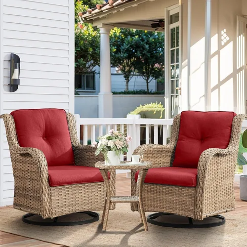 Miniatura 52 de HUMMUH Sillas Mecedoras Giratorias de Mimbre para Patio Exterior con Respaldo Alto, Sillas Deslizantes de Ratán PE, Juego de Muebles de Patio de 4