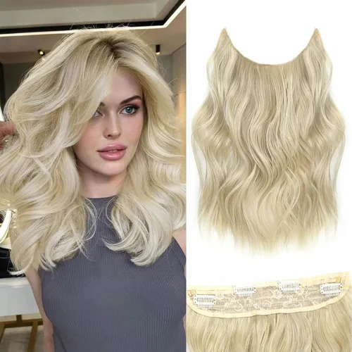 Miniatura 47 de Extensiones de cabello con halo de 12 pulgadas con alambre invisible, cabello largo ondulado ajustable, sintético, mejora con 4 clips de seguridad