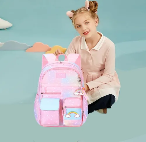 Miniatura 3 de Mochila infantil con diseño de arcoíris degradado para niñas, escuela primaria, con estampado de corazón, mochila escolar con compartimentos