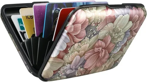 Miniatura 6 de ELFISH Mini cartera de aluminio RFID para tarjetas de crédito, funda de identificación de metal para hombres y mujeres, Happy Flower, Cartera Rfid