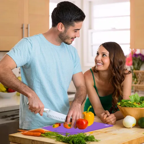 Miniatura 5 de ZVP Juego de 3 tablas de cortar de plástico flexibles para cocina, tablas de cortar con icono de comida, alfombrillas de corte antideslizantes