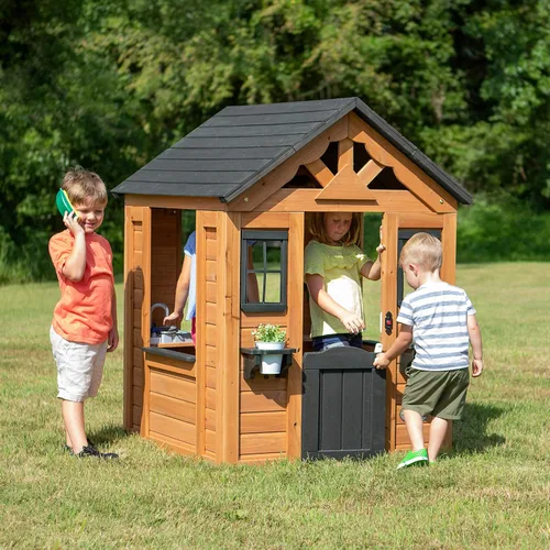 Miniatura 2 de Backyard Discovery Sweetwater Casa de juegos de madera de cedro para niños con cocina de juguete, barra de aperitivos, puerta media, teléfono
