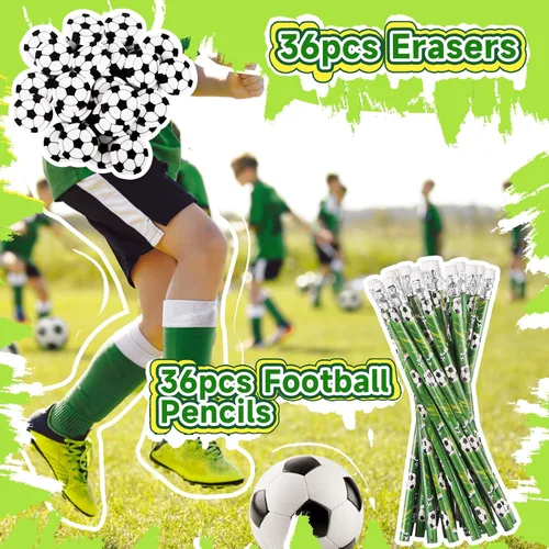 Miniatura 2 de Miucat Juego de 36 lápices de fútbol y borradores, instrumentos de escritura deportiva, divertidos lápices de madera para niños, recuerdos de fiesta