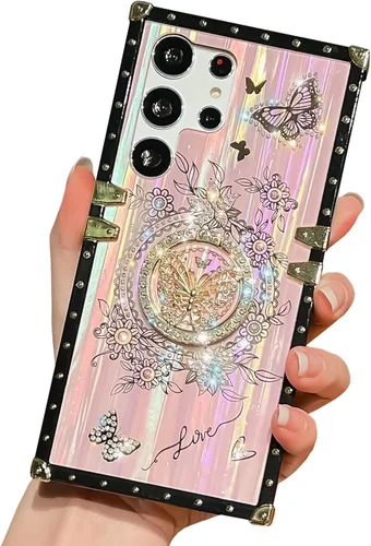 Miniatura 27 de Compatible con Funda Samsung Galaxy S22 Ultra, Diseño de Mariposa Brillante de Lujo con Soporte Plegable Kickstand para Mujeres y Niñas, Funda Rosa