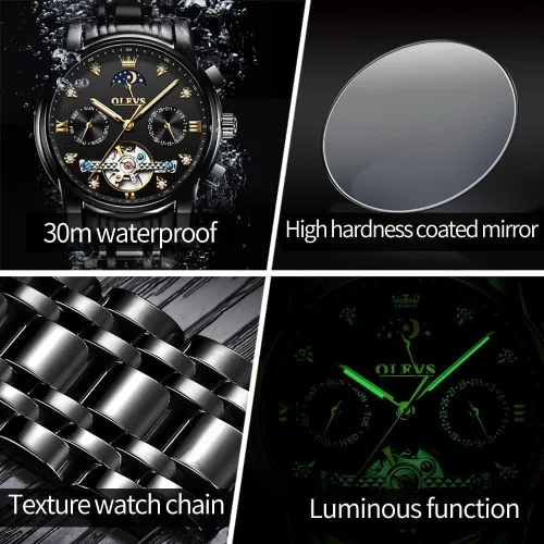 Miniatura 5 de OLEVS Relojes automáticos para hombre, esqueleto Tourbillon, reloj de pulsera de lujo con diamantes de cuerda automática, acero inoxidable