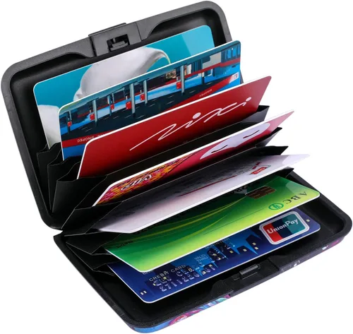 Miniatura 102 de ELFISH Mini cartera de aluminio RFID para tarjetas de crédito, funda de identificación de metal para hombres y mujeres, Happy Flower, Cartera Rfid