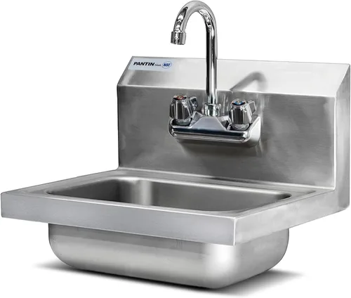 Pantin Fregadero de mano comercial, fregadero de mano comercial de acero inoxidable para montaje en pared, fregadero de lavado de manos con grifo de