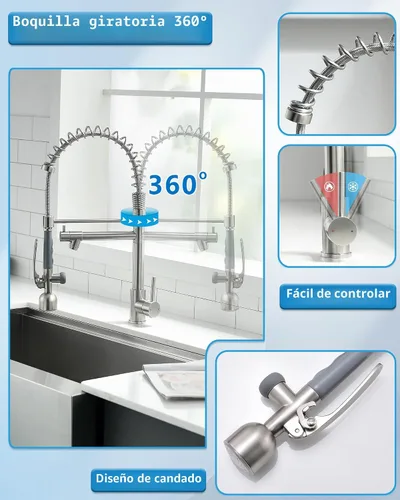Miniatura 5 de Fapully - Grifo de fregadero de cocina comercial con mango único extraíble con rociador, níquel cepillado, con luz LED