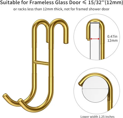 Miniatura 2 de Ganchos para puerta de ducha (paquete de 3), ganchos para toallas para puerta de vidrio sin marco, instalación sin taladros, color dorado