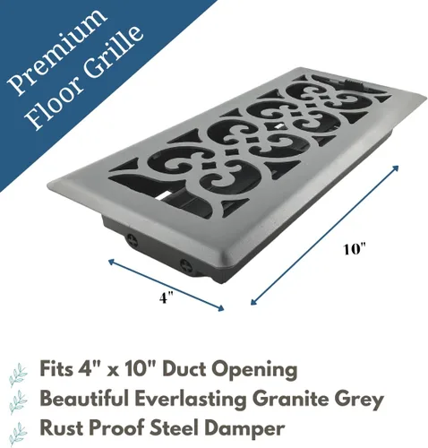 Miniatura 2 de Precision Flow - Rejilla de piso de acero de 4 x 10 pulgadas, diseño victoriano, acabado gris granito, cubiertas de ventilación prémium