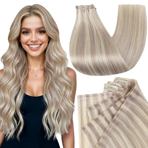 Miniatura 17 de Full Shine Extensiones de cabello humano con pinzas, cabello humano Remy invisible para mujer, color rubio platino, 20 pulgadas, 8 unidades, 4.23 oz
