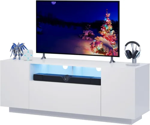 Miniatura 10 de WLIVE Moderno soporte de TV para TV de 65 pulgadas, centro de entretenimiento con estantes abiertos ajustables y luces LED RGB, consola multimedia