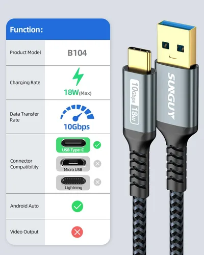 Miniatura 2 de SUNGUY - Cable USB de 10 Gbps para Android Auto, 33 cm, USB C 3.1 Gen2, transferencia de datos, cable USB C para CarPlay, carga rápida para iPhone