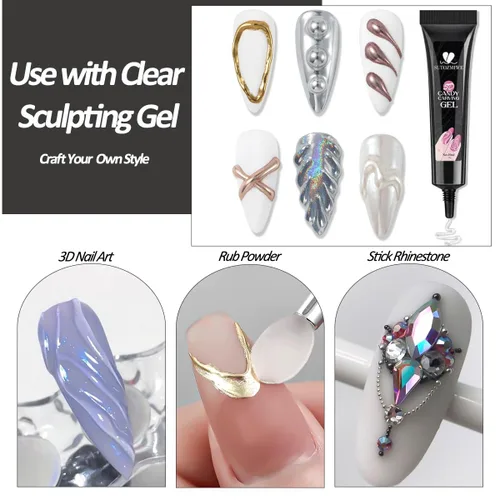 Miniatura 7 de Kit de Polvo de Uñas Cromado y Gel de Uñas 3D, Efecto Espejo Metálico Brillante Polvo Cromado Para Arte de Uñas, Pigmento de Polvo de Inmersión