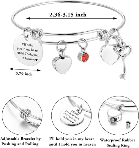 Miniatura 2 de Pulsera de urna para cenizas con forma de corazón para cenizas de acero inoxidable con dije de mariposa o cruz