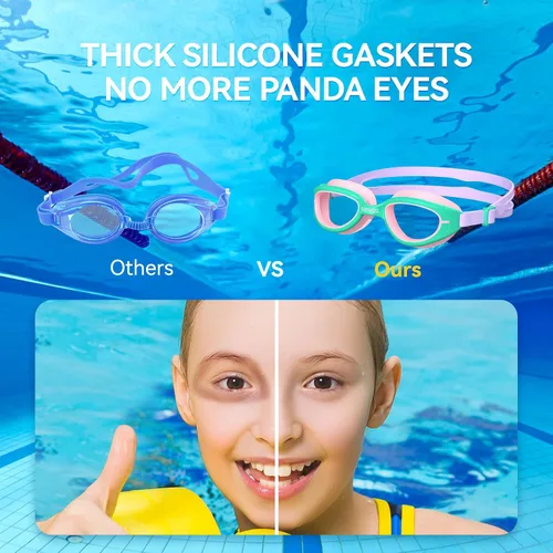 Miniatura 5 de COPOZZ Gafas de natación para niños, antivaho y HD, cómodo ajuste 3D, gafas de natación duraderas unisex para niños y niñas de 3 a 14 años Macarrón