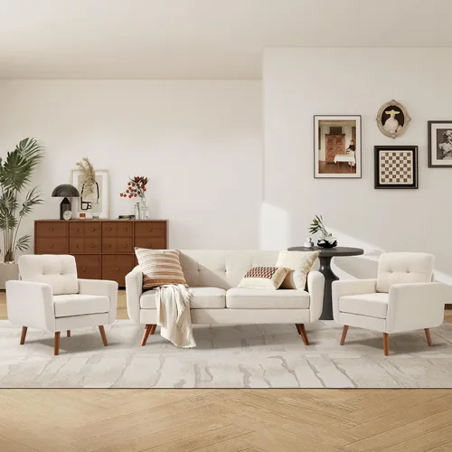 Miniatura 7 de Tbfit Sofá individual de tela de lino, silla de acento, sillón moderno de mediados de siglo para sala de estar, dormitorio, tapizado con botones