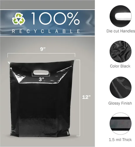 Miniatura 2 de PPB - Bolsas de plástico negro de 9 x 12 pulgadas, acabado brillante, tamaño pequeño al por menor, paquete de 200, 1.5 mil de grosor, con asas