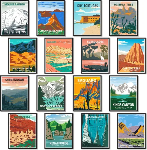 Gersoniel 16 pósteres de Parque Nacional vintage de 16 impresiones de viaje, arte de pared, arte abstracto de pared y montaña, juego de impresiones