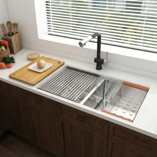 Miniatura 8 de LQS Fregadero de cocina de doble tazón para muchas ollas y sartenes, fregaderos de cocina de acero inoxidable para montaje bajo y caída