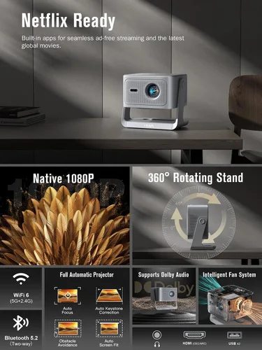 Miniatura 3 de 【2200ANSI y aplicación con licencia oficial】Proyector inteligente 4K con WiFi y Bluetooth, VISSPL 3D Dolby Audio y enfoque automático, proyector