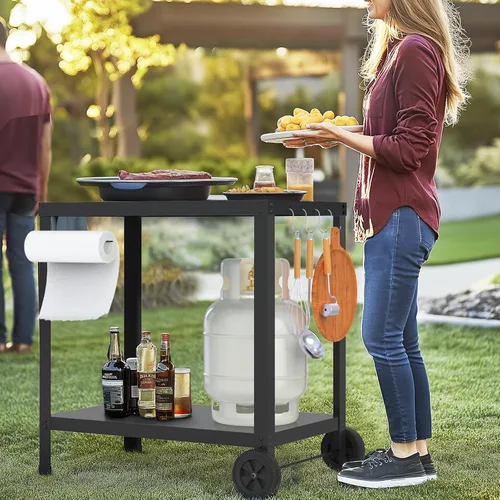 Miniatura 7 de Mesa de parrilla de 32x20 Pulgadas con Dobles Estantes, Carro de Parrilla al Aire Libre para Plancha Blackstone, Carro de Mesa de Horno de Pizza
