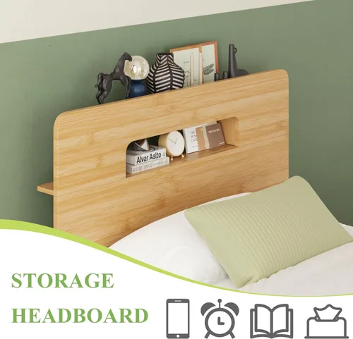Miniatura 3 de ZIYOO Marco de cama de madera de bambú maciza tamaño individual con cabecera de almacenamiento, marco de cama plataforma de 14 pulgadas