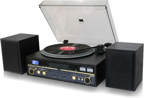 Miniatura 6 de TechPlay Commander, tocadiscos de 3 velocidades con control de tono, reproductor de CD, amplificador con medidor VU, Bluetooth y grabación USB