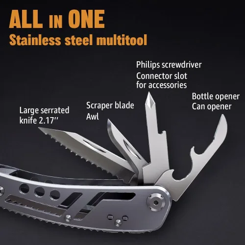 Miniatura 6 de Multiherramienta 24 en 1 con cuchillo, alicates y 11 puntas de acero inoxidable afilado, multiherramienta para hombres, equipo ideal