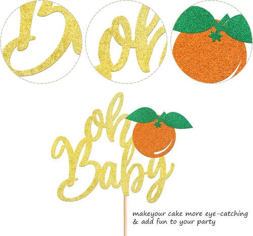 Miniatura 3 de Rsstarxi 1 paquete de decoración de pastel Oh Baby con purpurina naranja pequeña para tartas de baby shower, decoración de pastel para frutas