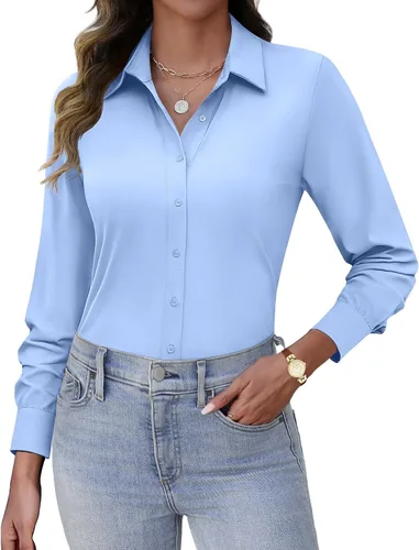 Miniatura 13 de HOTOUCH Camisas con botones para mujer, de manga larga, elásticas, sin arrugas, blusas de trabajo, ajustadas, para la oficina