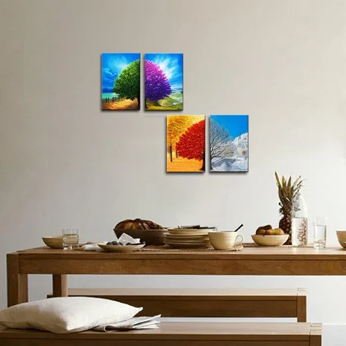 Miniatura 7 de Wieco Art Lienzo decorativo de 4 paneles para pared, diseño de árbol de cuatro estaciones, coloridas impresiones de paisaje de primavera, verano
