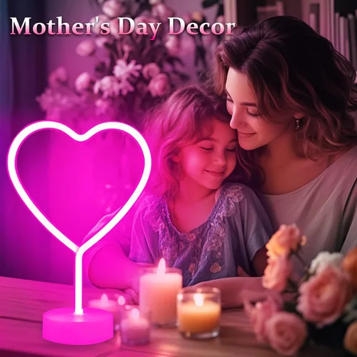 Miniatura 9 de BHCLIGHT Letrero de neón de corazón rosa, luz LED de neón para el día de San Valentín, funciona con pilas o USB, luces de corazón rosa de San