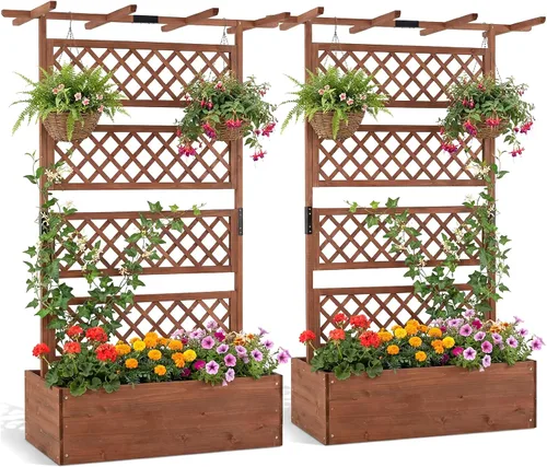 Miniatura 25 de Giantex Cama de jardín elevada con enrejado, contenedor de madera de 60 pulgadas con agujeros de drenaje, enrejado alto para colgar macetas